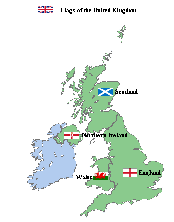Mapa de los países que forman el Reino Unido y sus banderas